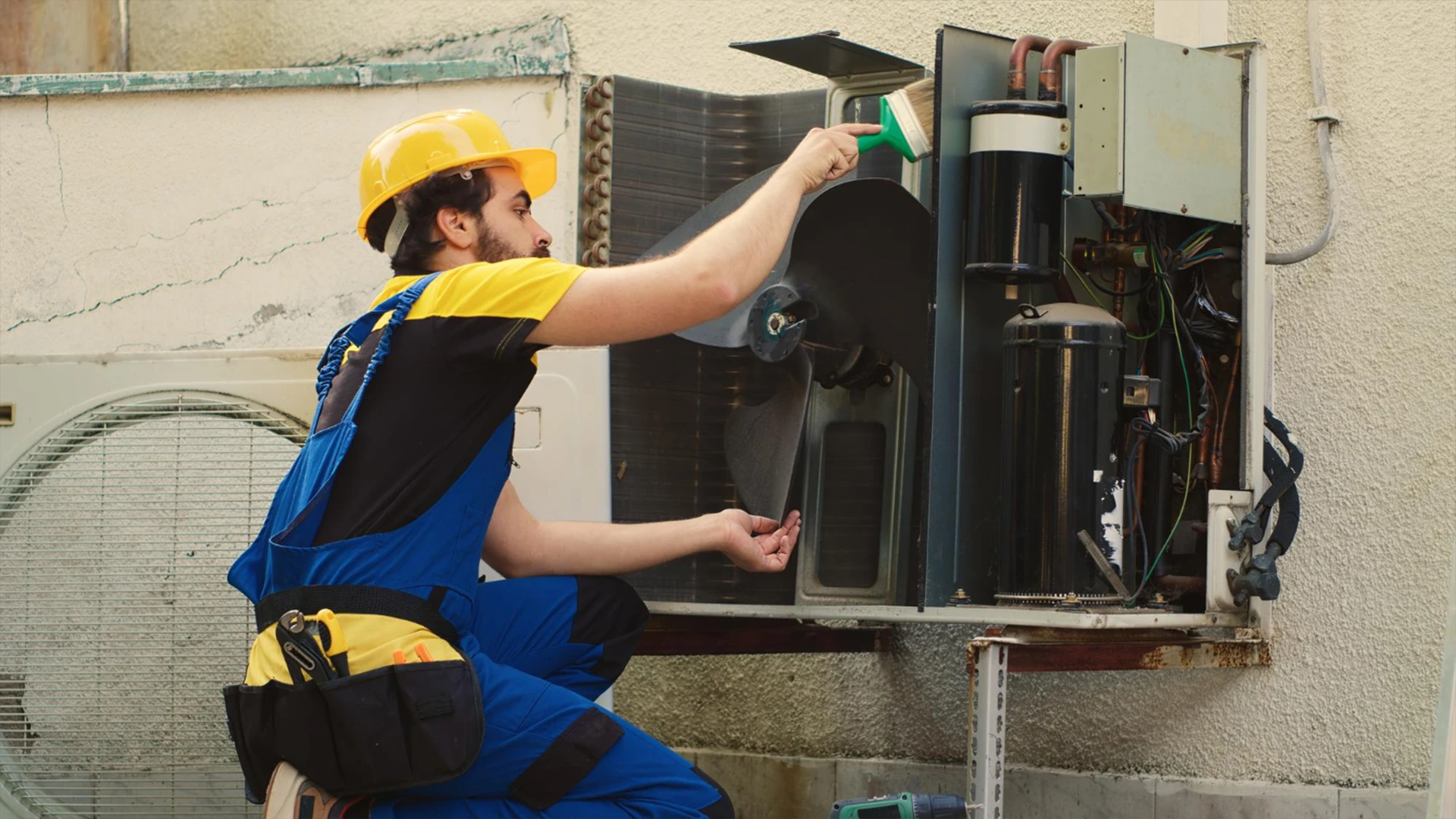 AC technician delivering AC maintenance services in Dubai, cleaning the interior components of an outdoor air conditioning unit.