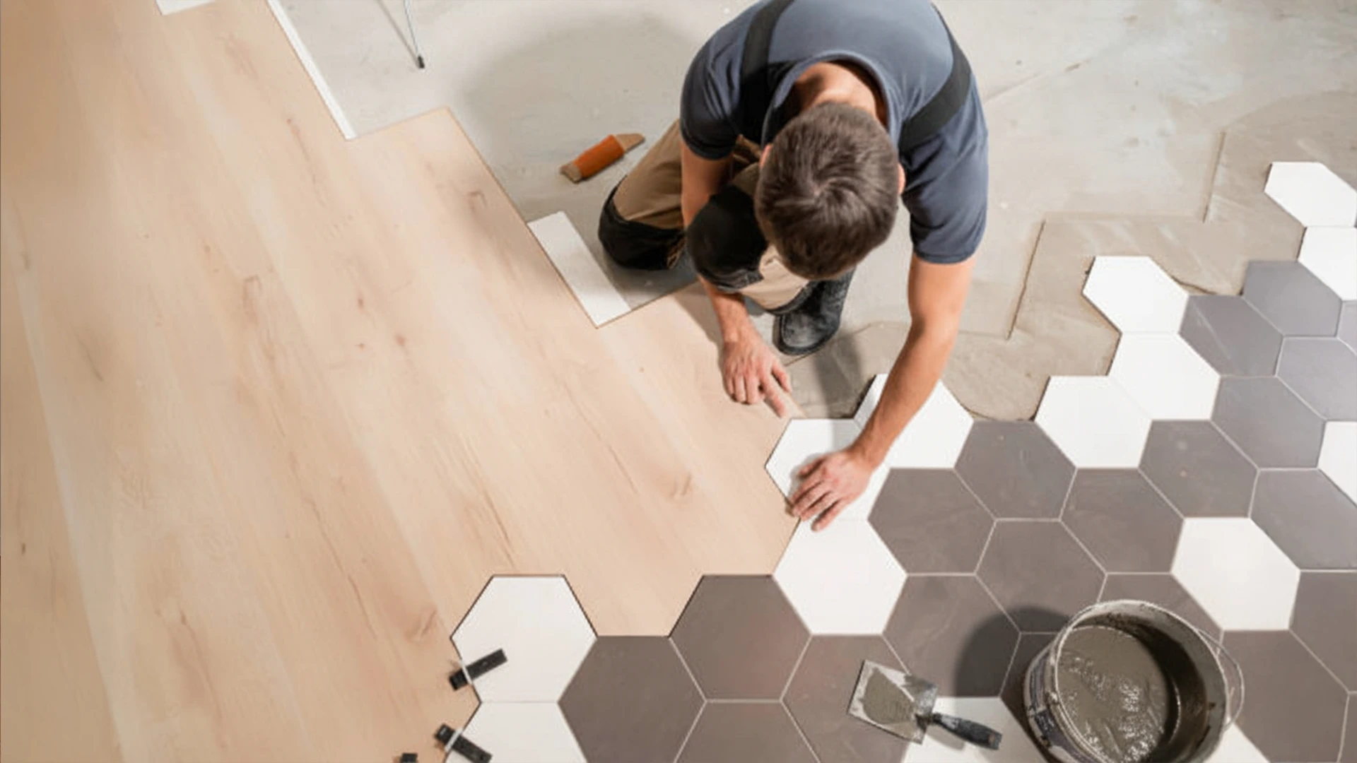 Technician installing tiles and wooden panels during flooring services in Dubai.