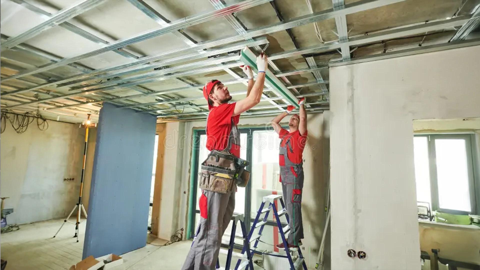 Team installing a gypsum ceiling frame for residential renovation as part of home maintenance services in Dubai.