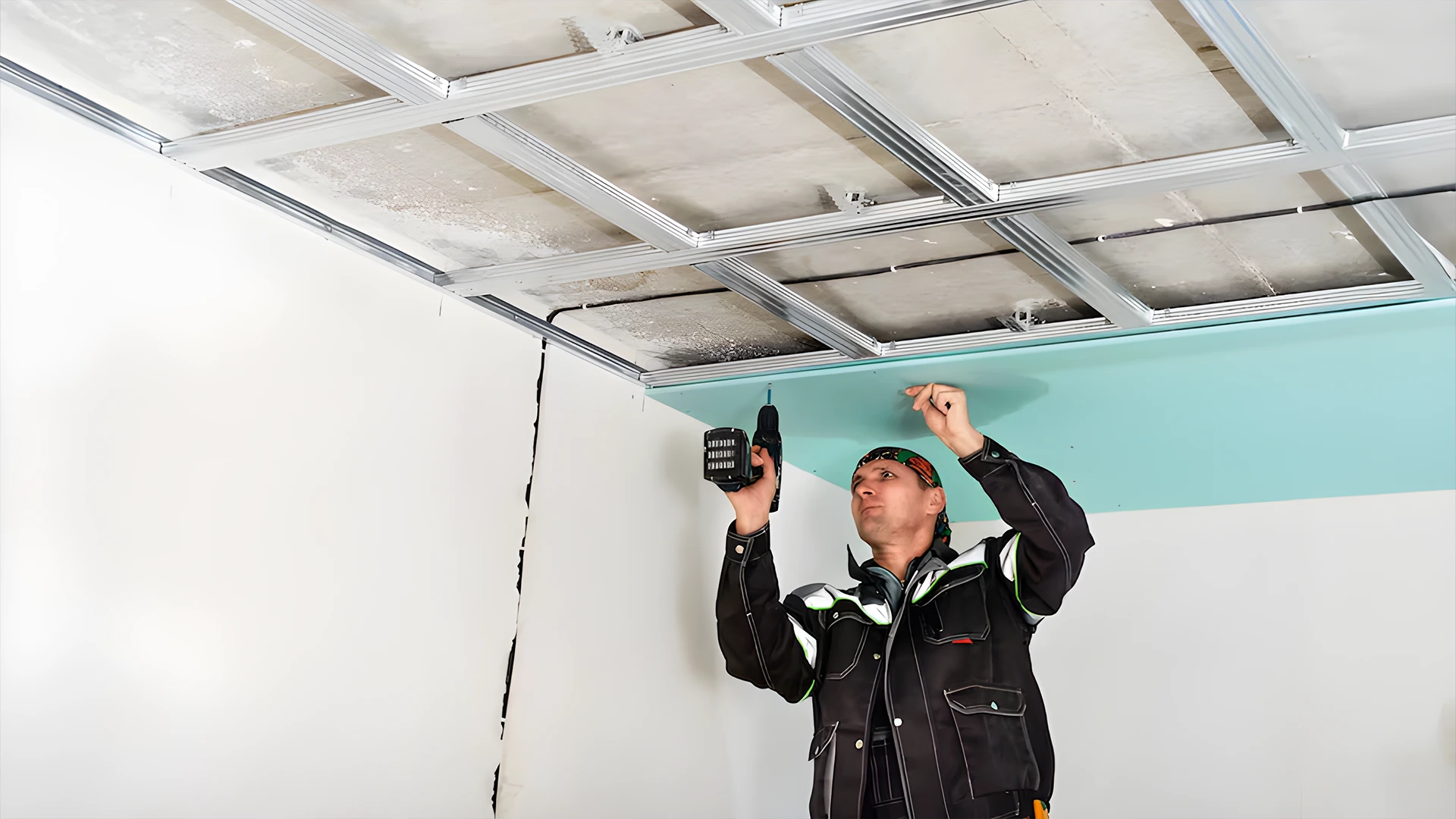 Technician mounting a suspended frame for gypsum work in Dubai interior ceiling installation.