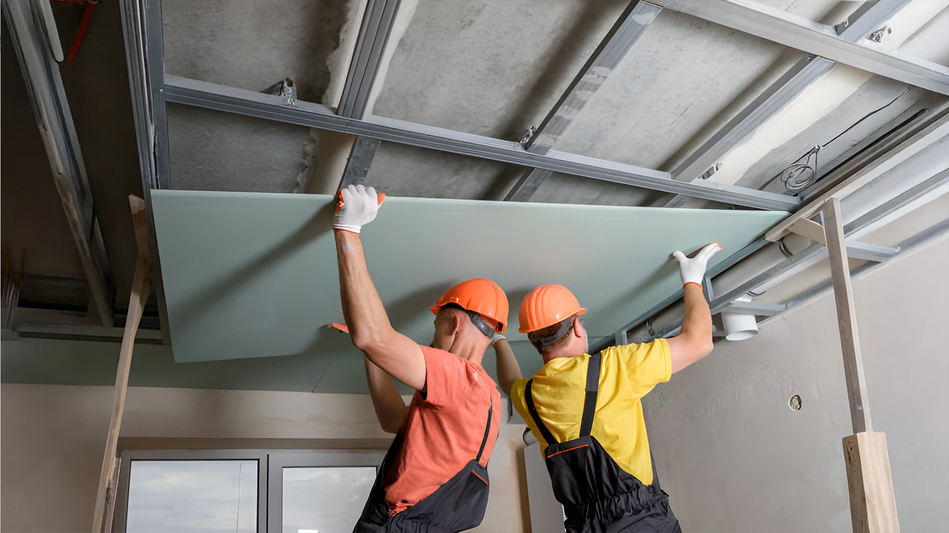 Workers installing gypsum board ceiling as part of professional gypsum work in Dubai.