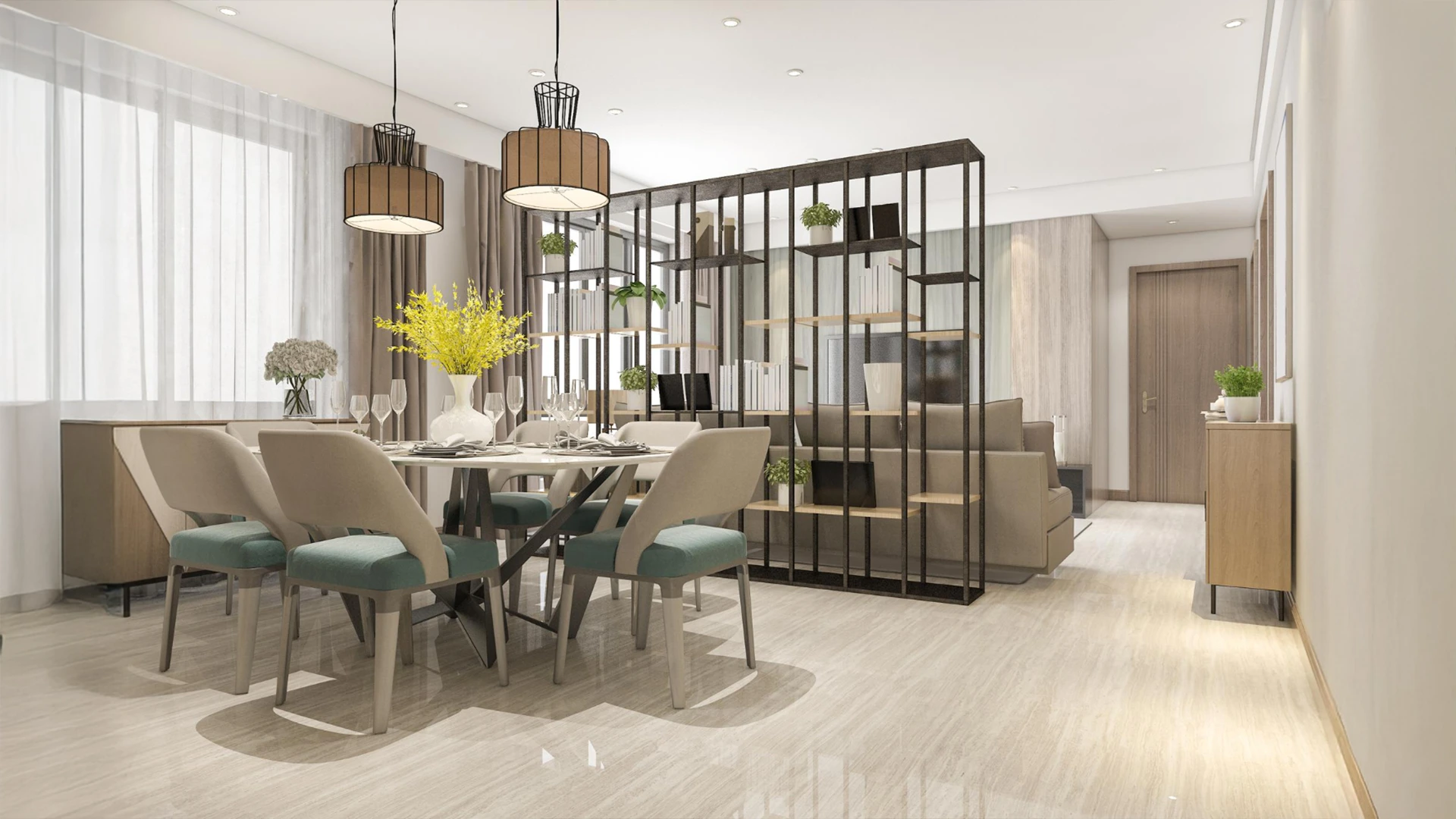 Modern dining and living area after professional home repair services in Dubai, featuring updated interiors and furniture.