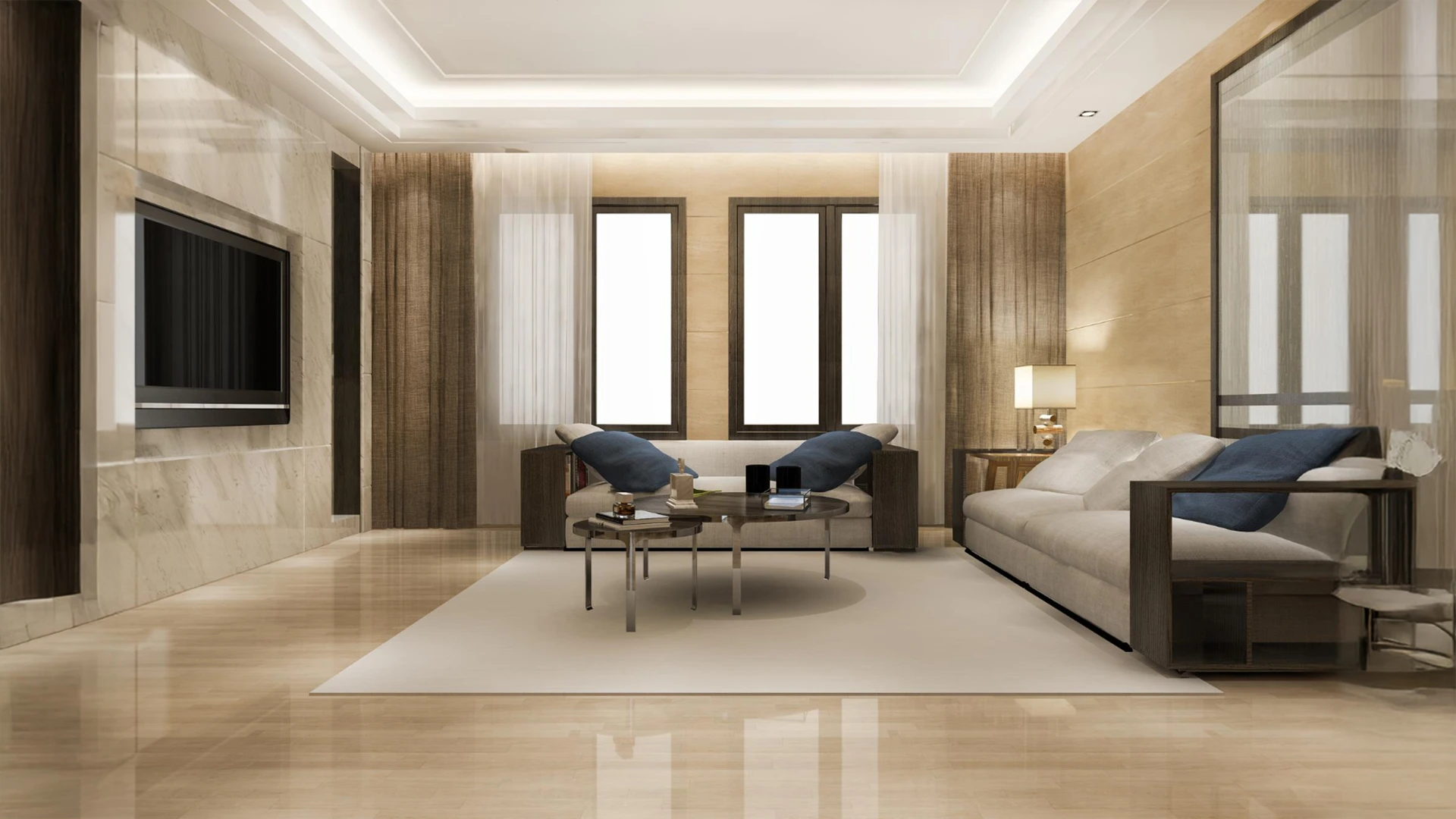 Modern living room showcasing interior and exterior designing services with stylish furnishings in Dubai