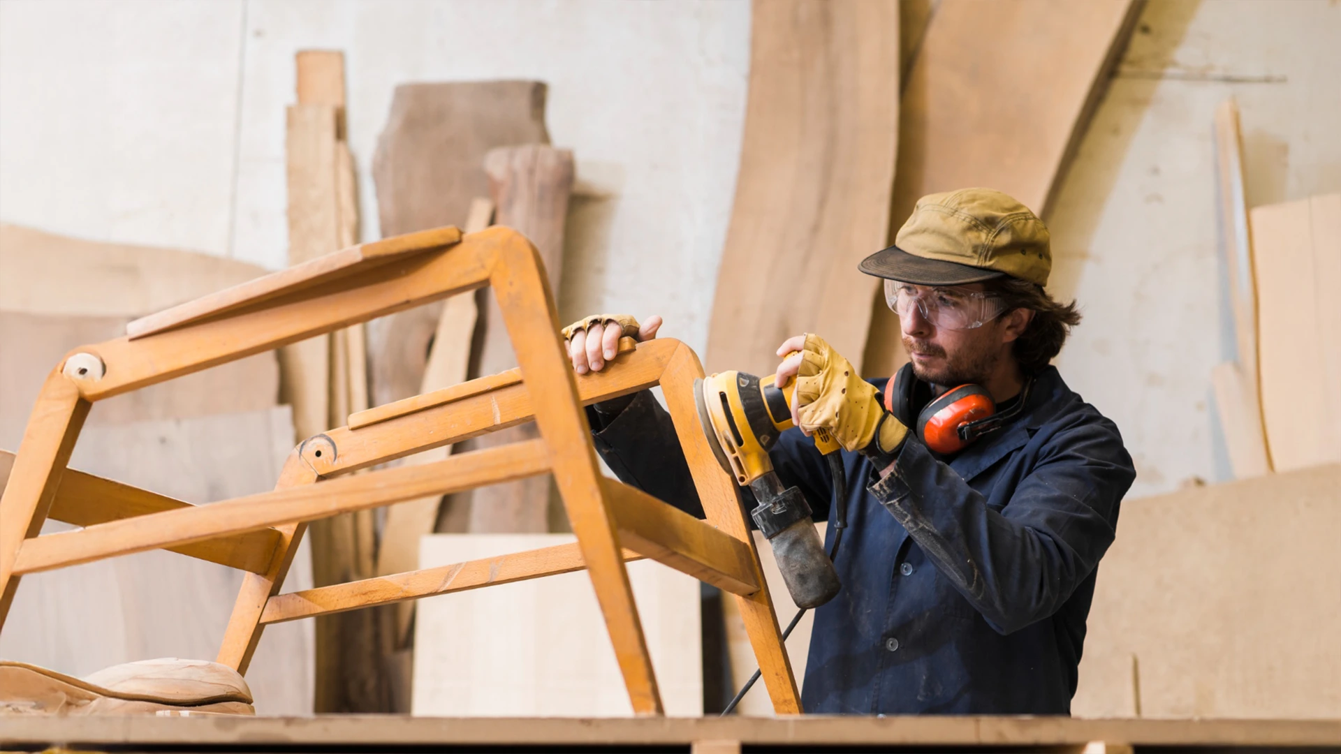 Restoring furniture with sanding tools as part of professional wooden work services in Dubai